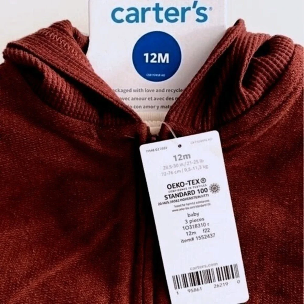 Carter's Airplane Pattern Pants, Hooded Vest & Bodysuit Baby Boy 3 Piece Set 12M